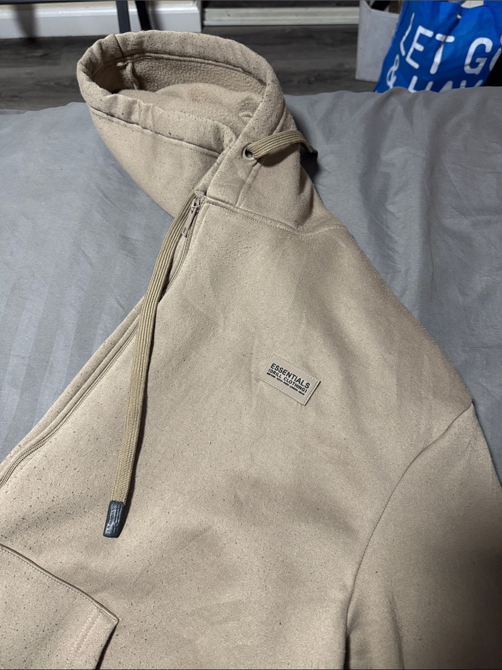 Essentials Beige Zip-Neck Hoodie with Patch Logo